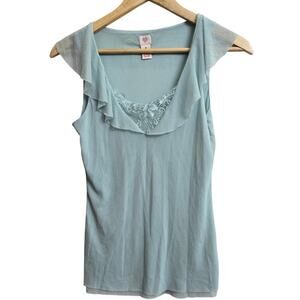 Womens Vtg Y2K Fairy Coquette Romantic Blue Mesh Lace Embroidered Ruffle Trim M